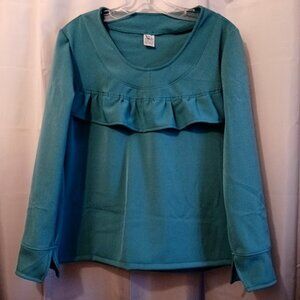 Nwt Flounce Ruffled Twill Blouse women M Teal blue scoop neck Long sleeve top